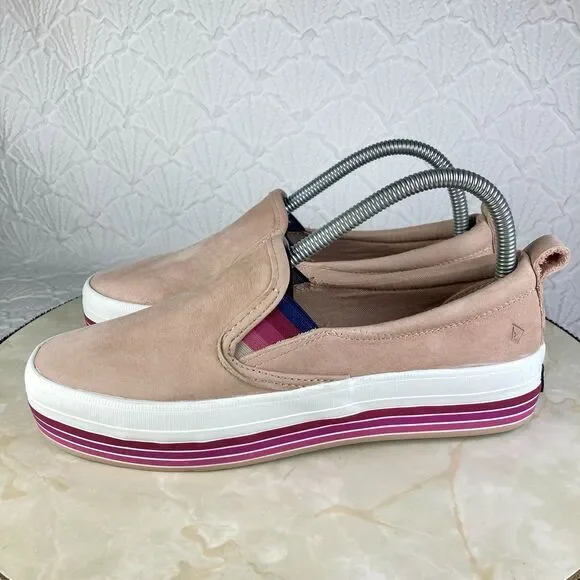 Sperry Shoes Womens 7 Pink Stripes Suede Crest Twin Gore Boat Platform Loafers - Picture 6 of 12